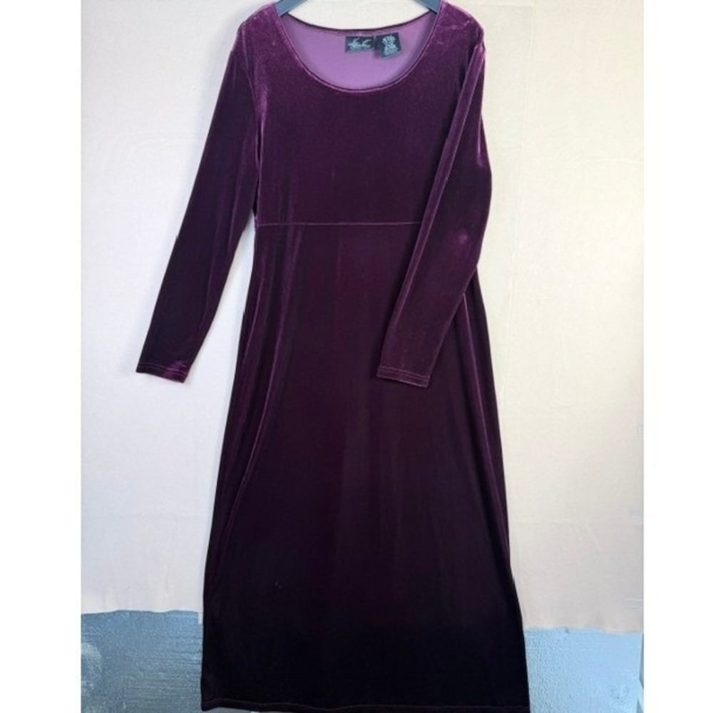 Kathie Lee Collection Burgundy Velvet Maxi Dress Size L 12/14 Long Sleeve